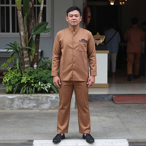Photograph of a short, Asian man with black hair, wearing a brown traditional long-sleeve shirt and pants, standing on a white step in