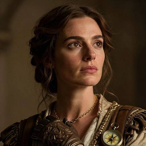 Photograph of a serious, brown-eyed woman with wavy hair, wearing ornate, vintage-inspired clothing with a brass compass, in dim lighting.