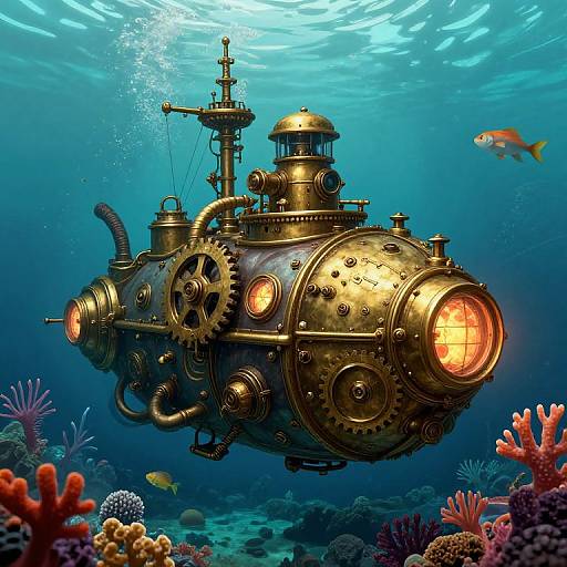 Steampunk submarine with brass gears and glowing orange lights, floating underwater amidst colorful coral and fish, in vibrant digital art.