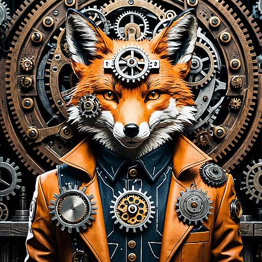 Solemn Cyberpunk Fox with Clockwork Background