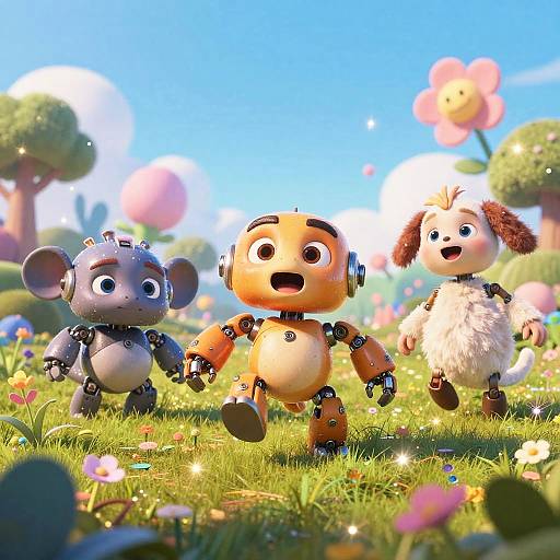 CGI image of three colorful, robotic, cartoon animals with large eyes, running in a bright, sunny meadow filled with flowers and fluffy clouds.