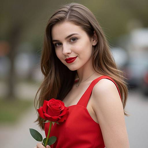 Photograph of a fair-skinned woman with long brown hair, red lipstick, and red dress, holding a red rose, smiling softly outdoors.