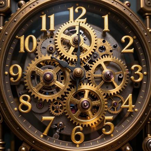 Close-up photograph of a steampunk-style clock face with intricate golden gears, black background, and brass numerals, showcasing detailed mechanical craftsmanship.
