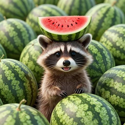 Photorealistic image of a cute raccoon with a watermelon slice on its head, surrounded by numerous green-striped watermelons.