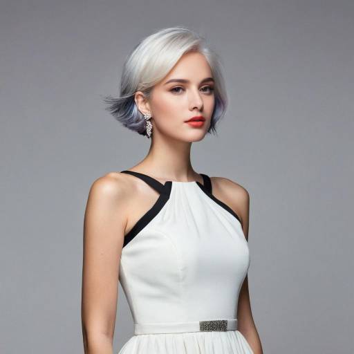 Elegant woman in white dress with short silver hair