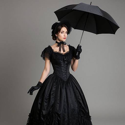 Photograph of a fair-skinned woman in a black Victorian-style dress, black gloves, and hat, holding a black umbrella against a gray background.