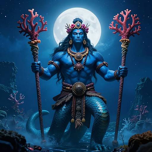 Digital artwork of a muscular, blue-skinned Hindu deity with a fish tail, wielding coral tridents, under a full moon. Adorned with