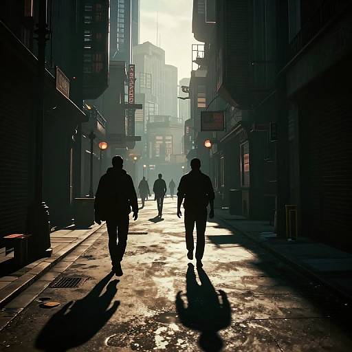 Cyberpunk Alley with Silhouetted Figures