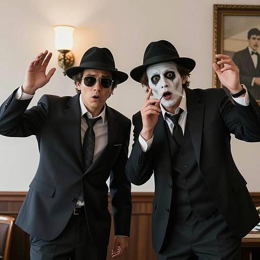 Shocked Men in Dark Suits and Hats
