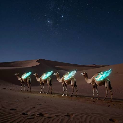 Photograph of four glowing, winged camels standing in a starry desert night, with dunes and a Milky Way backdrop.