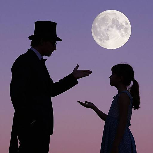 Silhouetted man in top hat and suit, woman in dress, facing each other against a twilight sky with a full moon.