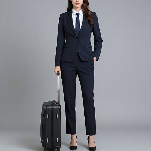 Photograph of a confident woman in a black suit, white shirt, black tie, and black heels, holding a rolling suitcase against a plain gray background