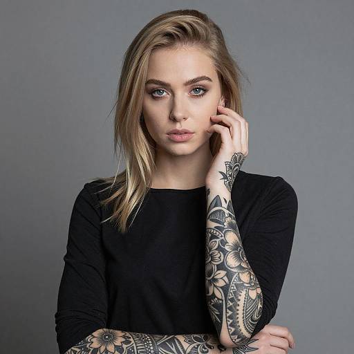 Portrait of Blonde Woman with Tattooed Arms