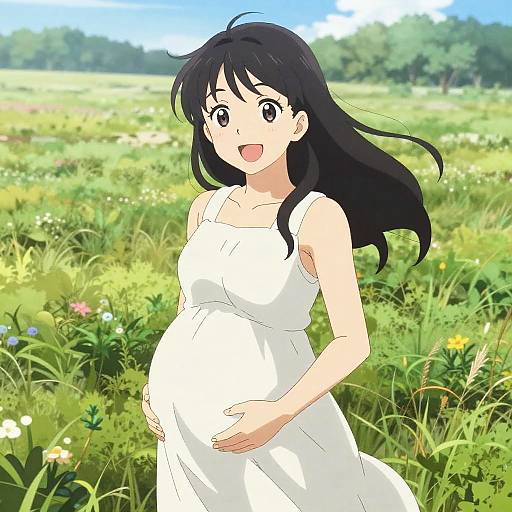 Anime-style digital illustration of a pregnant woman with long black hair, wearing a white sundress, standing in a vibrant, sunny meadow.