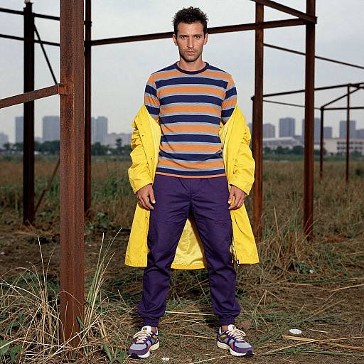 Photograph of a man with short dark hair, wearing a striped orange-blue sweater, navy pants, yellow raincoat, and purple sneakers, standing in