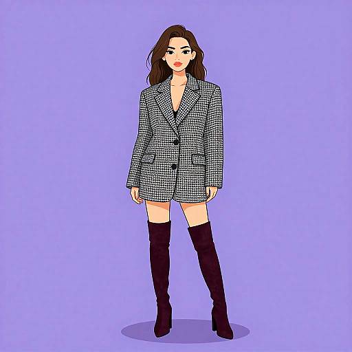 Chic Woman in Burgundy Boots and Blazer Dress