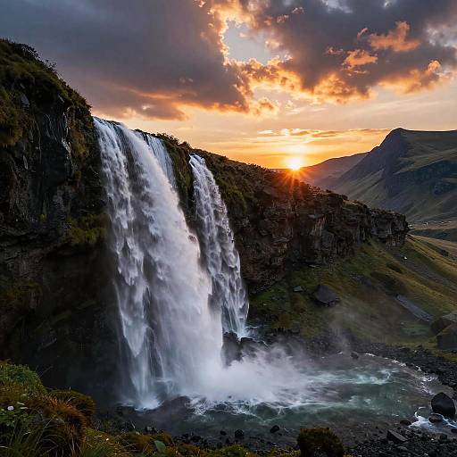 Sunset Waterfall in Mountain Landscape