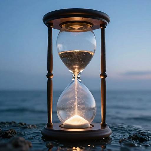 Photograph of a glowing hourglass on a rocky shore at twilight, with a clear blue sky and calm ocean in the background.