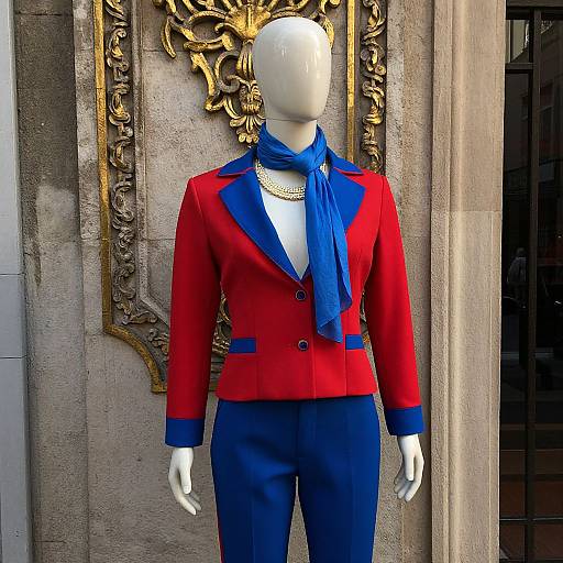 Photograph of a faceless mannequin in a red and blue blazer with a blue scarf, standing in front of an ornate, gold