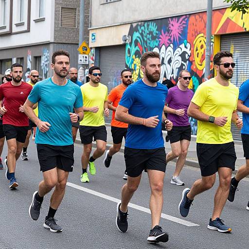 Photograph of diverse male runners in colorful shirts (blue, yellow, red, orange) and black shorts, jogging on a vibrant urban street with graffiti