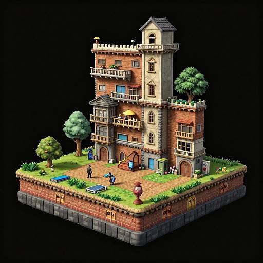 Pixel art of a medieval castle with multiple towers, brick walls, balconies, and a grassy square courtyard, featuring small people and trees.