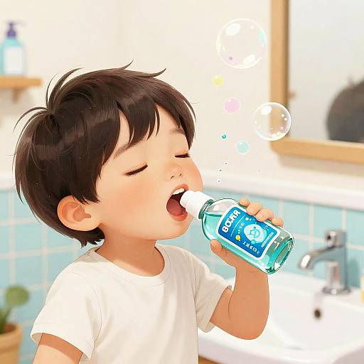 Playful Child Gargling with Mouthwash