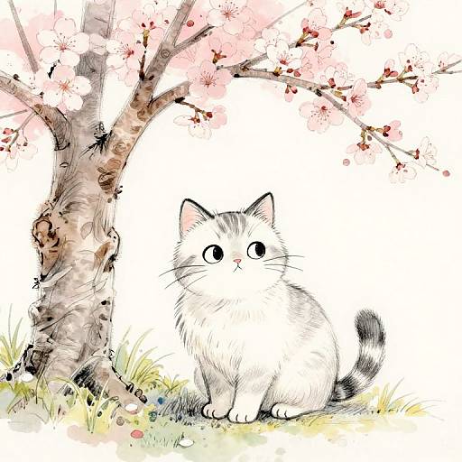 Watercolor illustration of a fluffy white cat with black stripes, large eyes, and a small black nose, sitting under a blooming cherry tree with pink