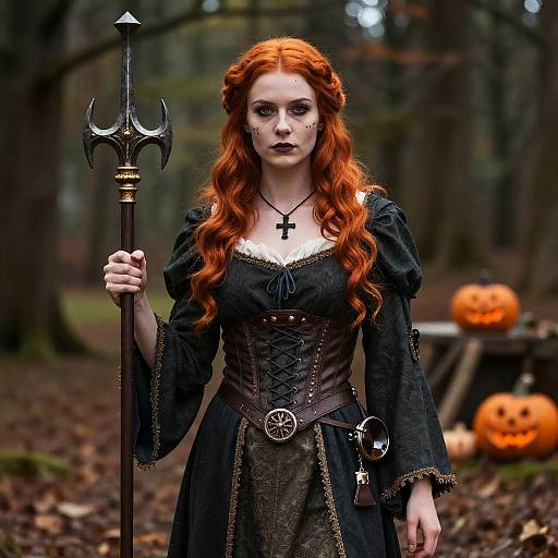 Photograph of a pale, red-haired woman with dark makeup, wearing a black Gothic dress and holding a trident, standing in a forest with glowing