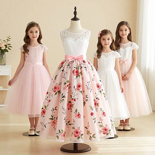 Photograph of four young girls in white and pink dresses, standing beside a mannequin with a floral pink skirt, in a bright, sunlit