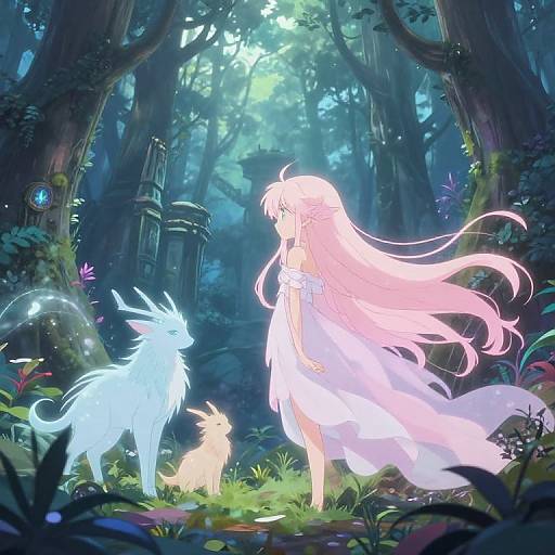 Digital anime-style artwork of a pink-haired girl in a white dress standing in a luminous, enchanted forest with glowing blue and yellow creatures.