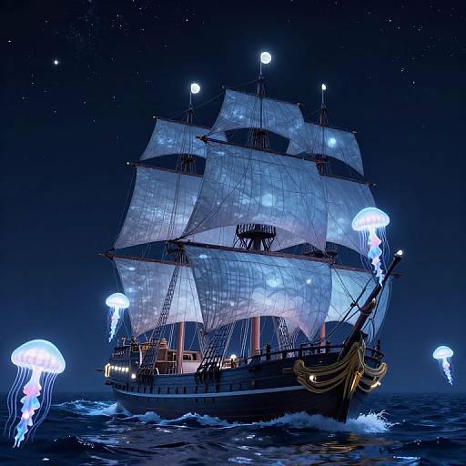 Glowing blue ship with billowing sails surrounded by bioluminescent jellyfish in a starry night sea, digital art.