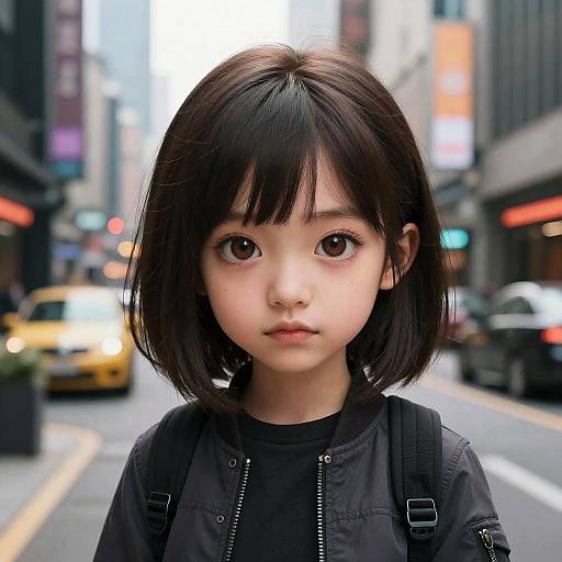 Digital anime-style portrait of a young Asian girl with large brown eyes, black bob haircut, wearing a black jacket, standing in a blurred urban street with