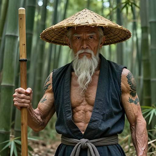 Photograph of an elderly Asian man with a long white beard, wearing a conical straw hat, black sleeveless robe, and holding a wooden staff