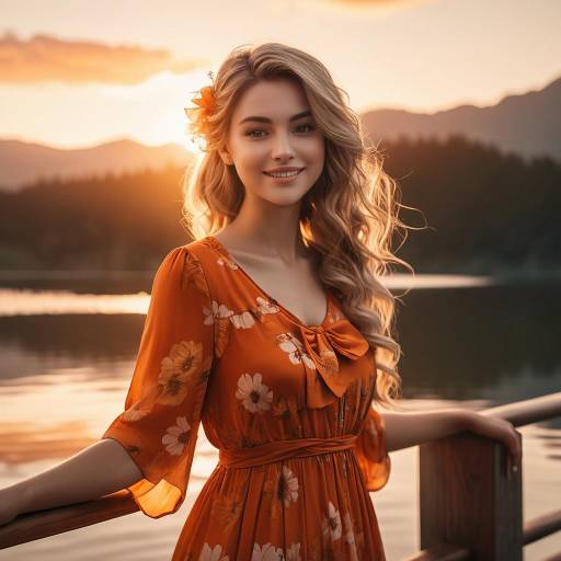Serene Woman at Sunset Over Lake