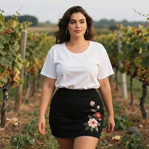 Photograph of a curvy woman with wavy dark hair, wearing a white t-shirt and black floral skirt, standing in a vineyard.