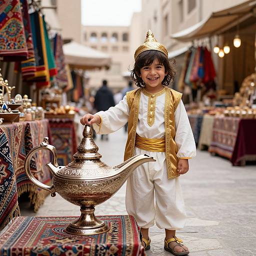 Photograph of a smiling young boy with dark hair, wearing a gold-adorned white outfit and crown, holding an ornate silver teapot in