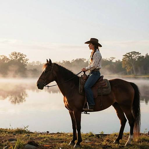 Photograph of a woman in a white shirt and black hat, riding a brown horse by a misty lake at sunrise.