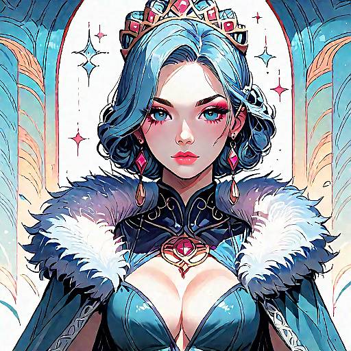 Anime Noblewoman Queen in Fur-Trimmed Dress