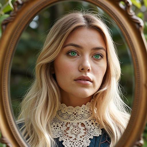 Photograph of a blonde woman with green eyes, wearing a lacy collar, reflected in an ornate, oval-framed mirror outdoors.