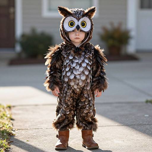 Photograph of a young child in a detailed brown and black owl costume with large white and yellow eyes, standing on a sunlit suburban sidewalk.