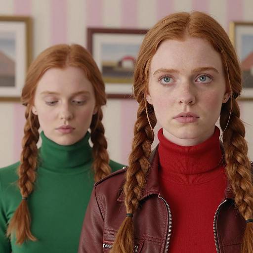 Two Red-Haired Women with Braids and Turtlenecks