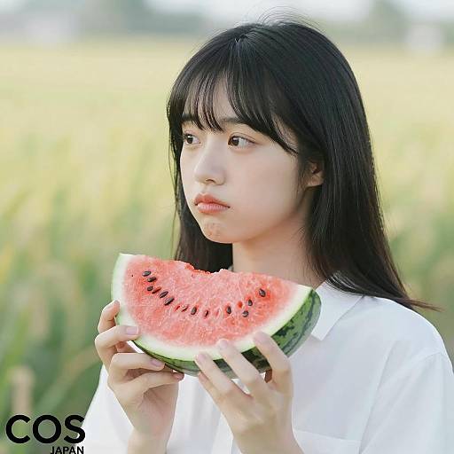 Young Asian Woman Holding Watermelon Slice
