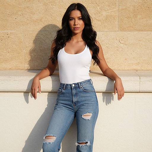 Photograph of a woman with long black hair, wearing a white tank top and ripped blue jeans, leaning against a beige stone wall.