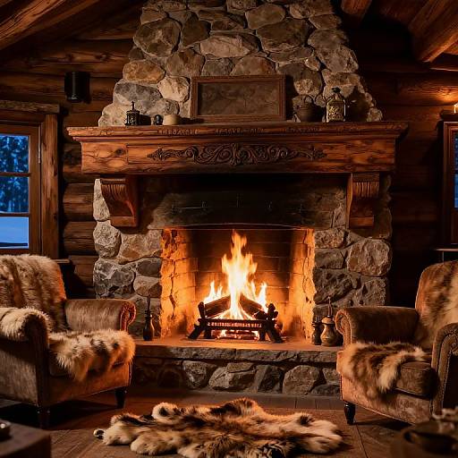 Cozy Vintage Chalet Fireplace Scene