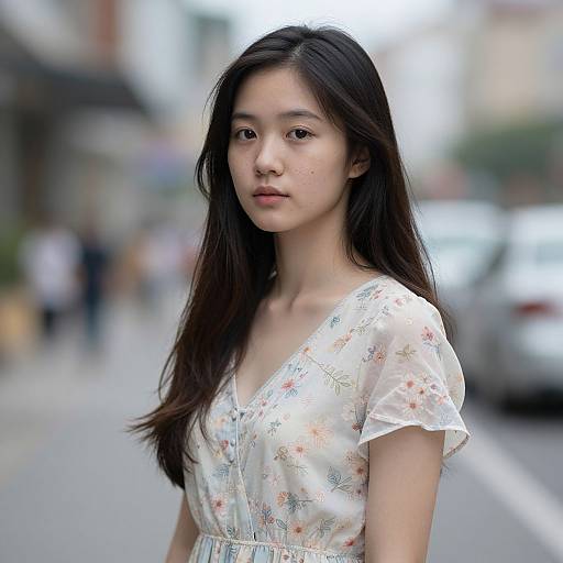 Photograph of an Asian woman with long black hair, wearing a floral white dress, standing on a blurred urban street.