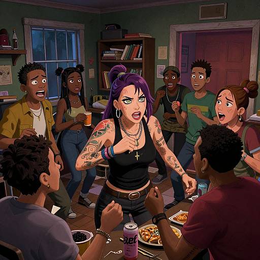 Digital illustration of a tattooed, purple-haired woman in a black tank top dramatically speaking to surprised, diverse group of friends in a dimly lit,
