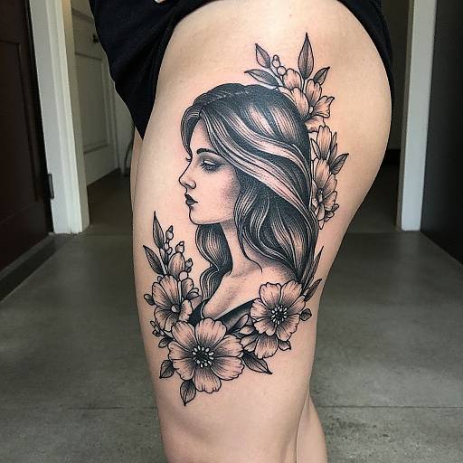 Black and gray tattoo of a detailed, wavy-haired woman's profile surrounded by flowers on a person's upper thigh. Photographed indoors.