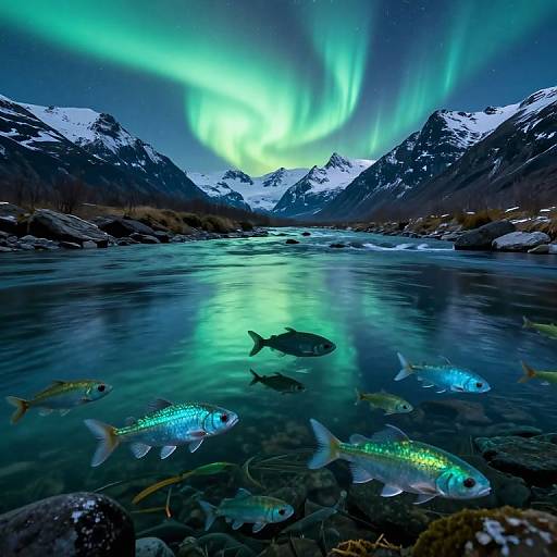Photograph of a snowy mountain valley with vibrant green Northern Lights reflecting on a clear river, featuring colorful, glowing fish swimming in the foreground.