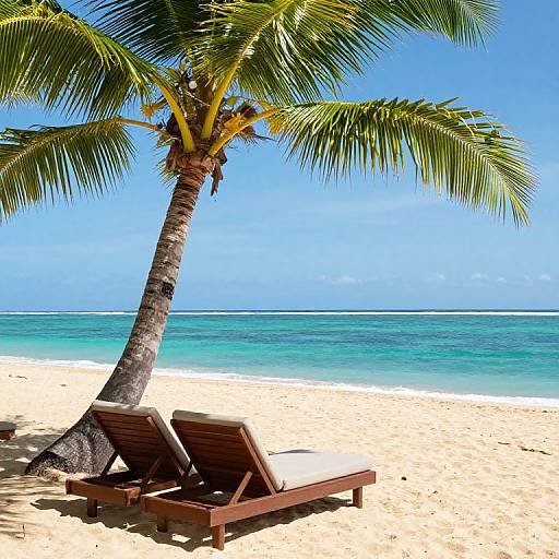 Photograph of a sunny tropical beach with a leaning palm tree, two wooden lounge chairs, and turquoise ocean against a clear blue sky.