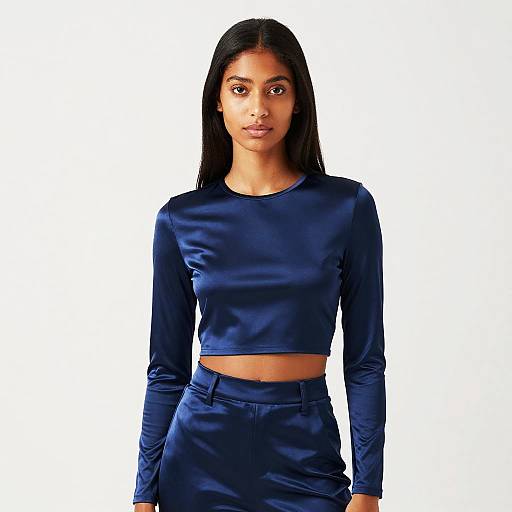 Photograph of an Indian woman with dark skin, straight black hair, wearing a navy blue long-sleeve crop top and matching high-waisted